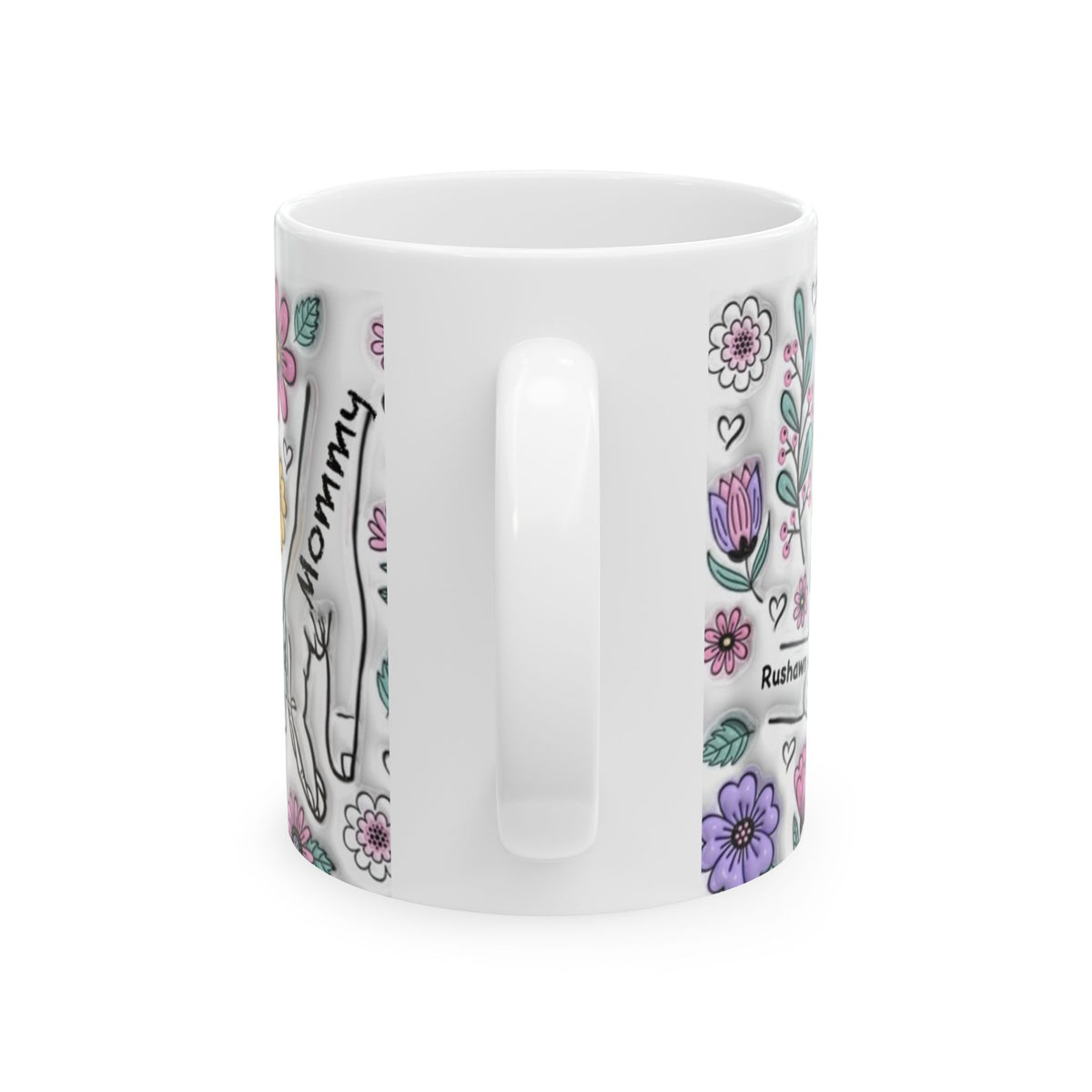 Custom Floral Up to 6 Kids Holding Mom's Hand 3D Ceramic Mug, (11oz, 15oz)