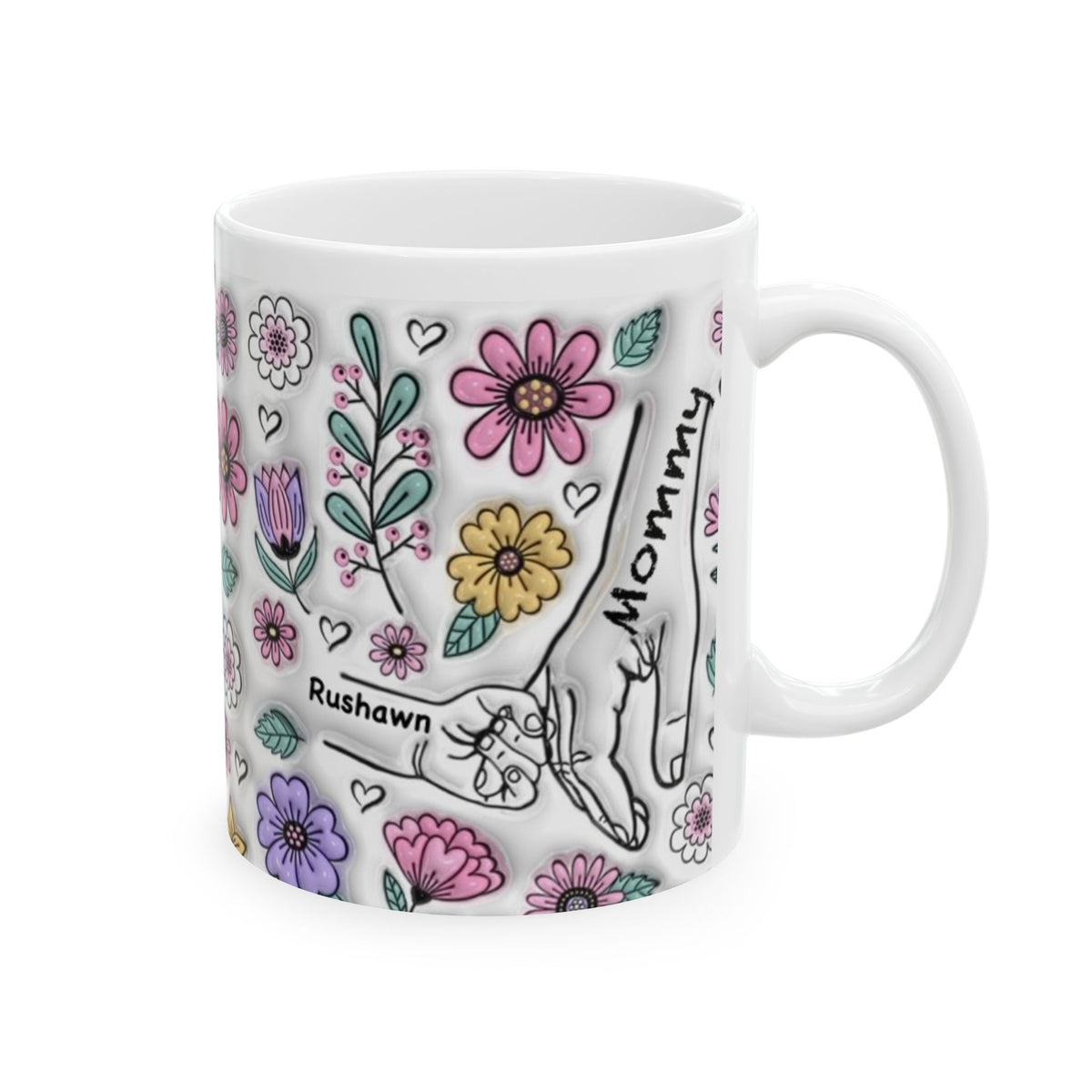 Custom Floral Up to 6 Kids Holding Mom's Hand 3D Ceramic Mug, (11oz, 15oz)