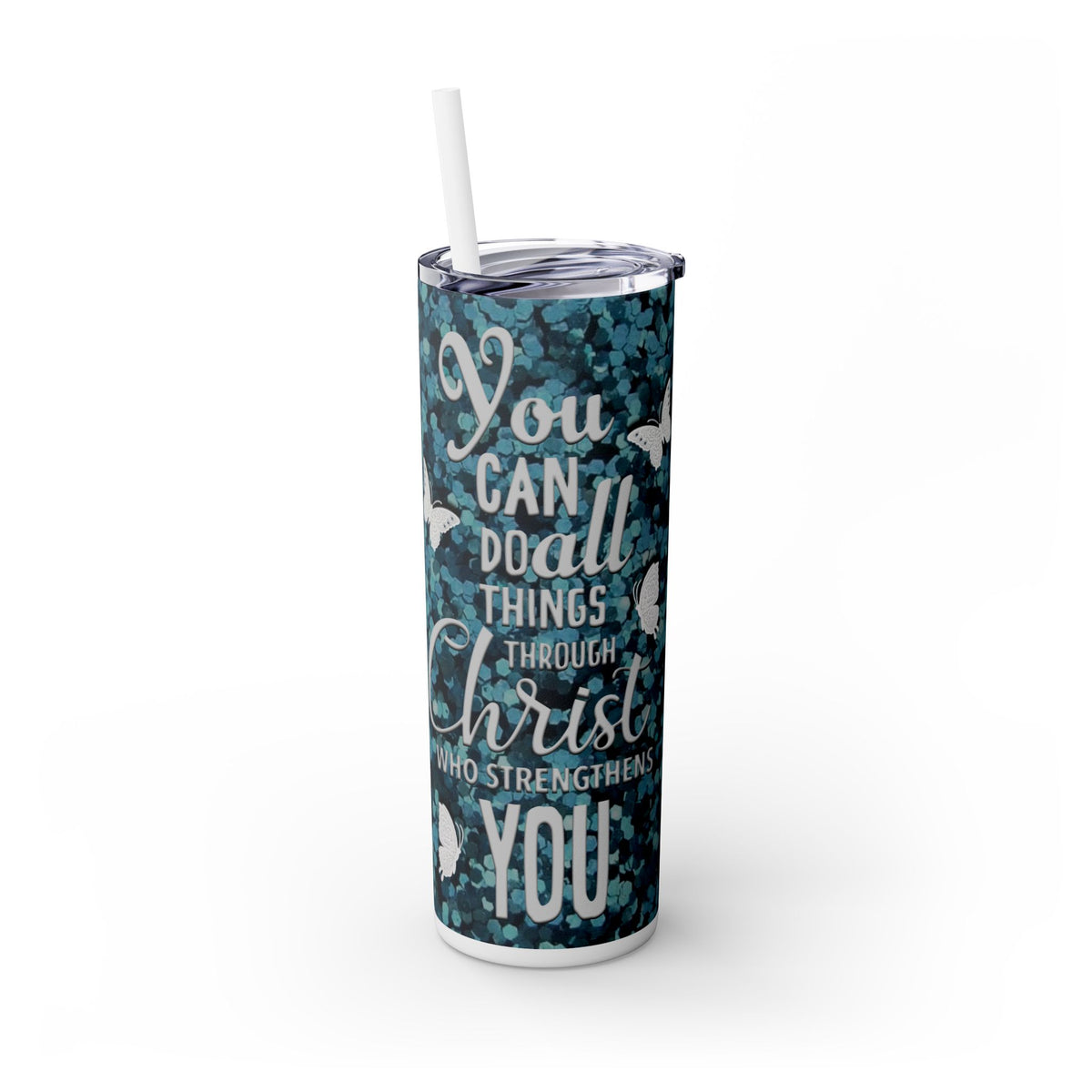 Through Christ Skinny Tumbler with Straw, 20oz