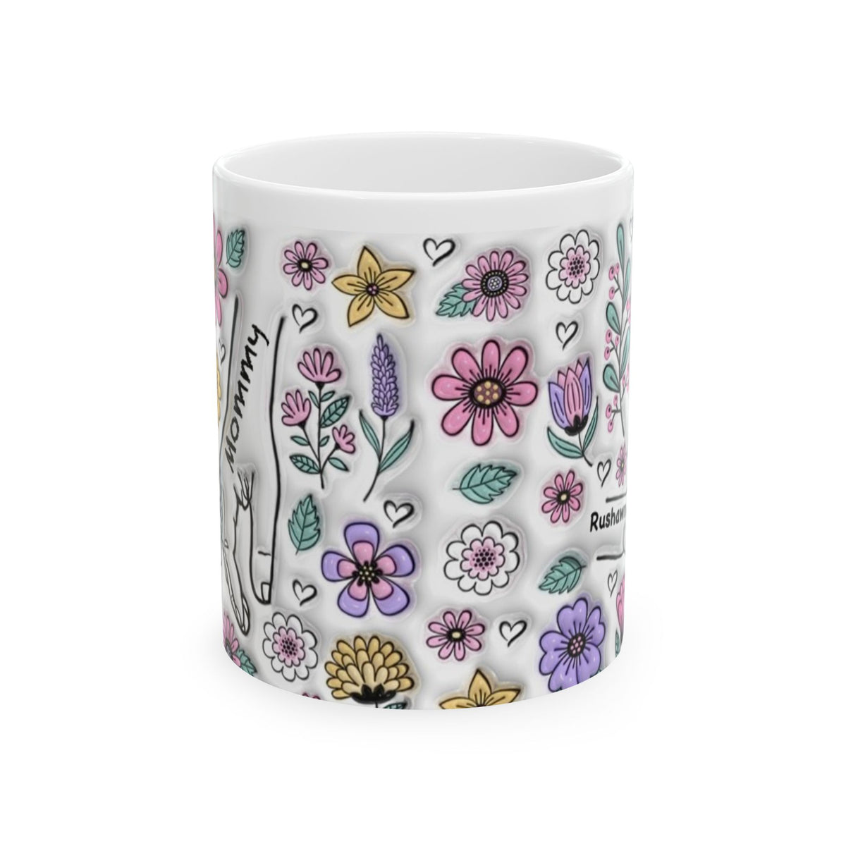 Custom Floral Up to 6 Kids Holding Mom's Hand 3D Ceramic Mug, (11oz, 15oz)