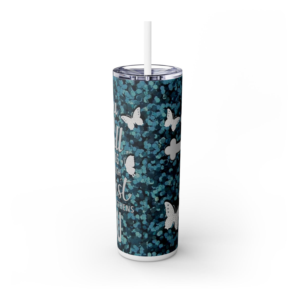 Through Christ Skinny Tumbler with Straw, 20oz